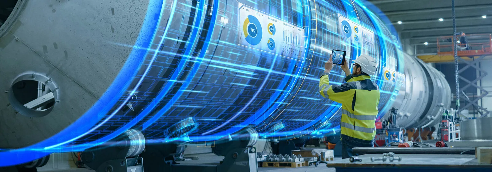 Engineers analyzing a digital twin interface of a process plant with real-time data overlays and 3D system visualization