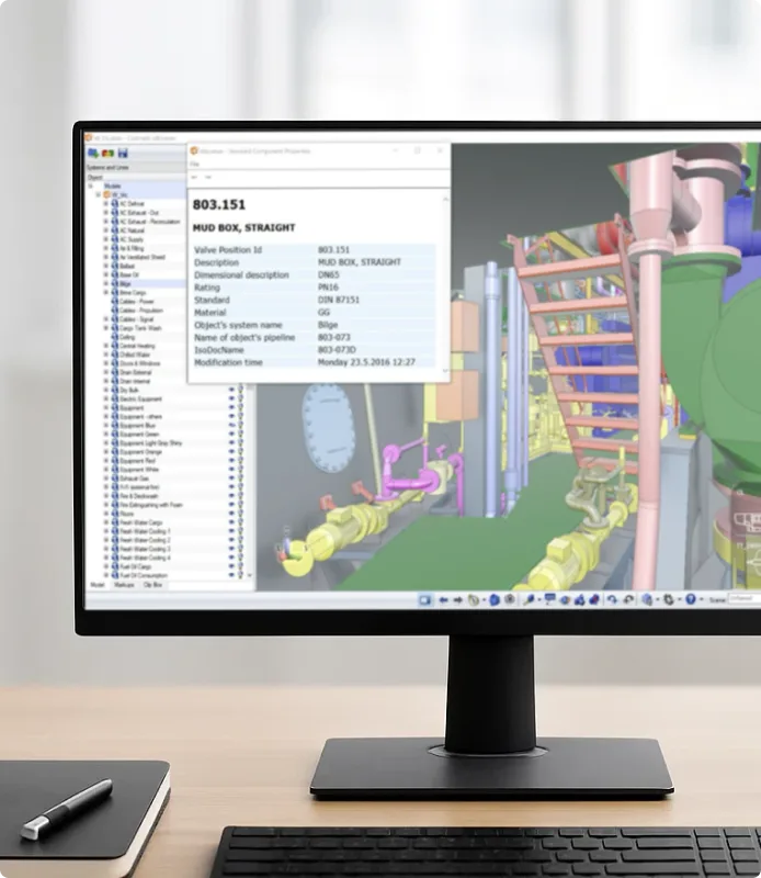 Screenshot of a model in the CADMATIC eBrowser 3D model viewer displaying a ship model and related information.