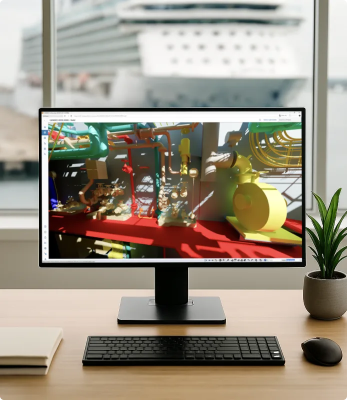 Computer screen with CADMATIC eShare digital twin software. The 3D model shows a ship interior.