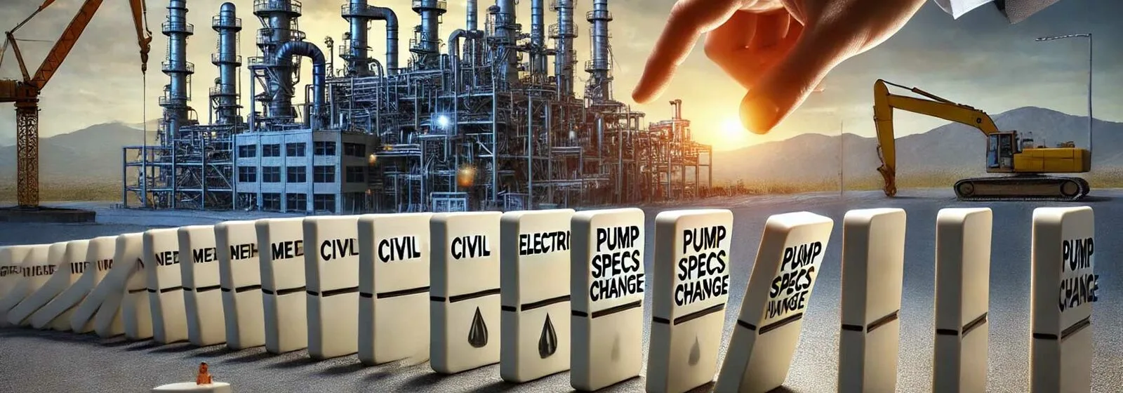 Factory or industrial plant domini and a hand pointing at it