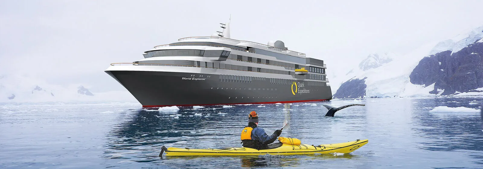 Cruise ship 'World Explorer' in icy waters with snow-covered mountains, a whale's tail, and a person kayaking nearby