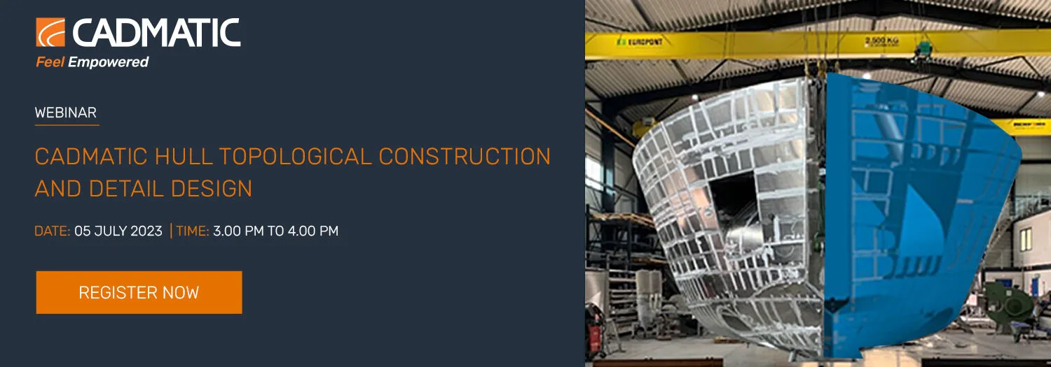 Partially constructed ship hull suspended by cranes in an industrial setting, representing hull topological construction and detail design.