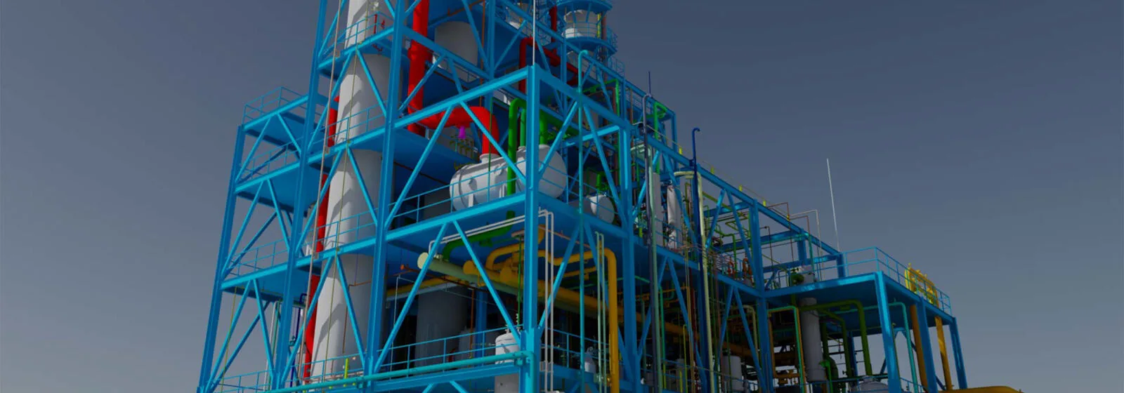 Large multi-level industrial structure with blue steel framework, pipes, and tanks, part of a processing plant or refinery