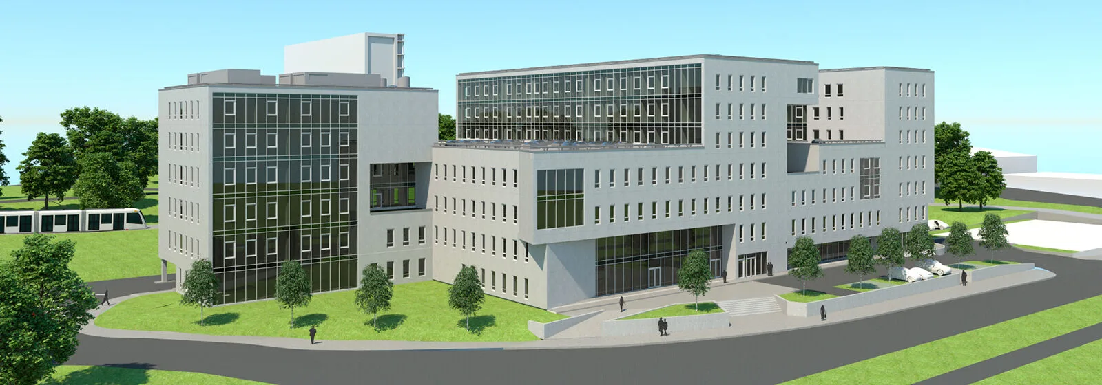 Modern architectural rendering of the Courthouse of Tallinn with glass facades, green spaces, and people walking nearby