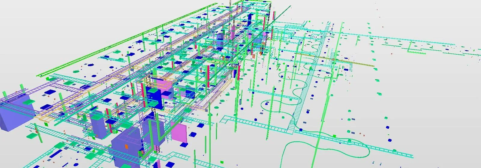 3D model of a building’s electrical design showing structural frameworks, conduits, and components in various colors