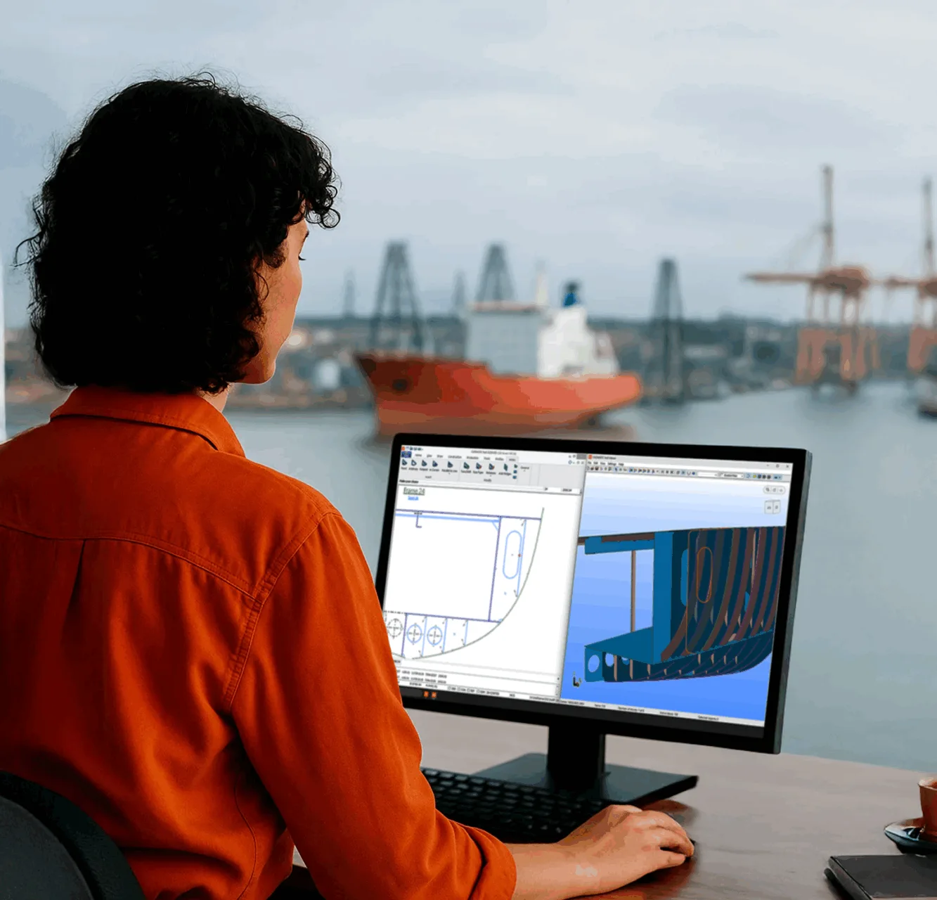 Woman working on desktop using hull design software. A shipyard and ship are visible in the background.