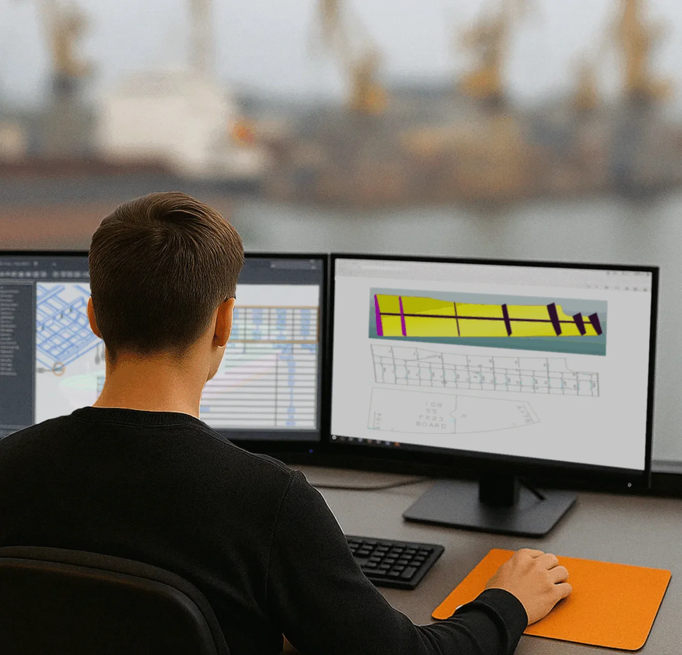 Man looking at two computer screens showing hull design software. A blurred shipyard is visible in the background.