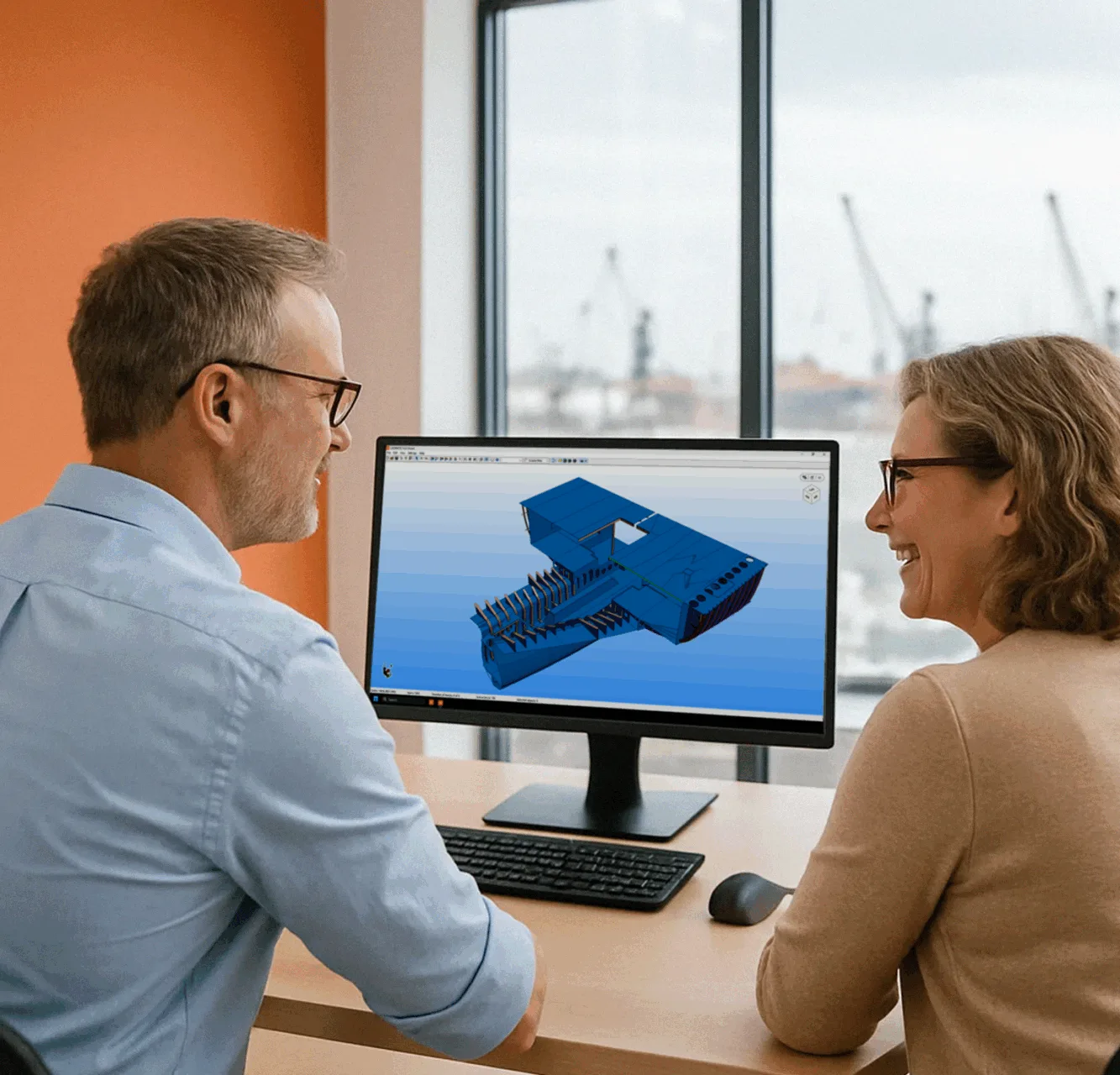 A man and a woman look at each other and a computer screen showing hull design software. A shipyard is visible in the background.