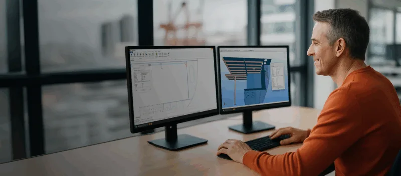 Person working at a desk with two monitors showing a 2D and 3D hull model.