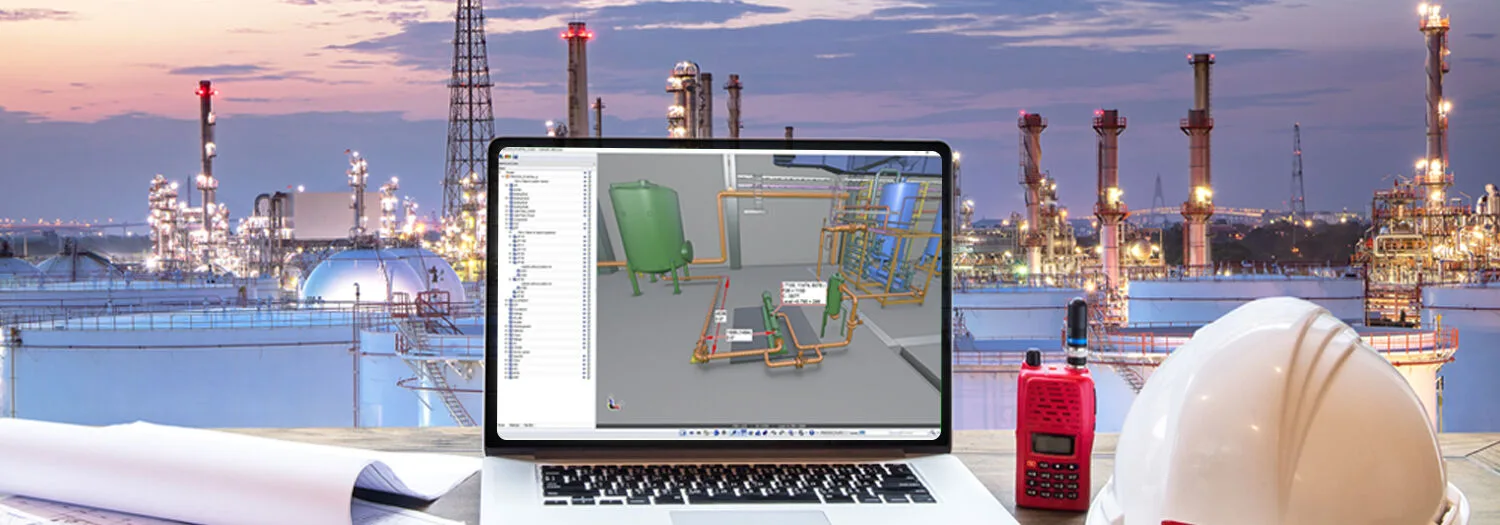 Laptop displaying CAD software with a 3D industrial model, placed on a desk with blueprints, a hard hat, and a walkie-talkie in front of an industrial plant.