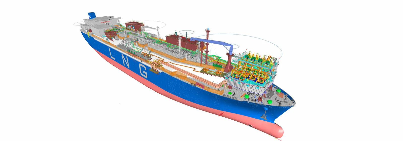 3D model of an LNG carrier ship with visible storage tanks, pipelines, and machinery, labeled 'LNG' on the blue hull.