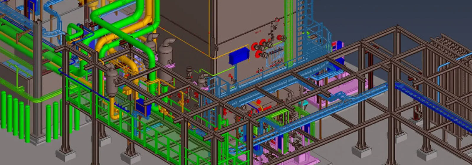 3D model of industrial gas facility with color-coded pipelines, platforms, ladders, and brown-gray structural framework