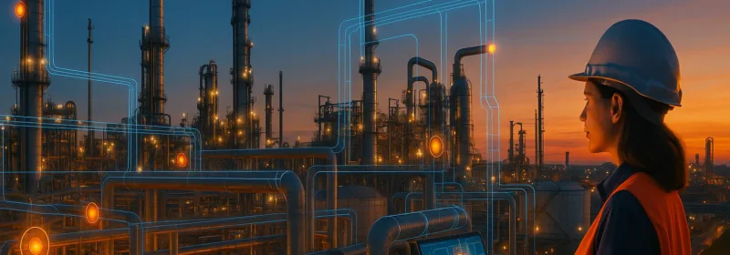 Industrial plant and an engineer on the right with a helmet and an orange vest