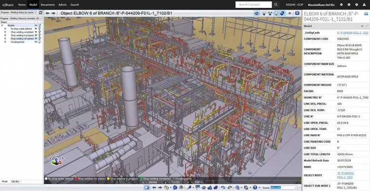 Piping fabrication feasibility in CADMATIC eShare digital twin software. 