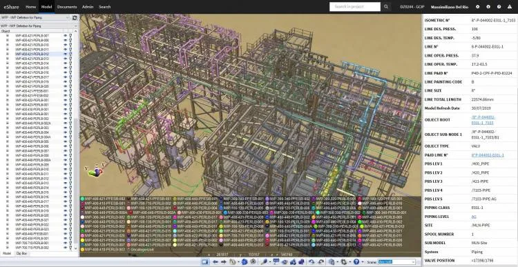 Installation Work Package (IWP) definition for piping in CADMATIC eShare digital twin software. 