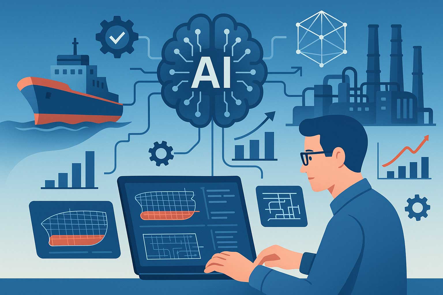AI brain in the middle connected to ship, industrial plant and graphs