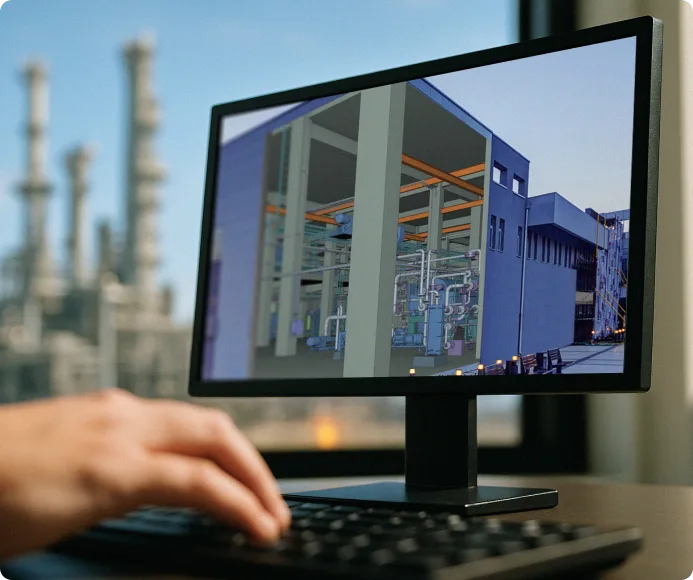 Computer screeen with a 3D plant model created with Cadmatic's engineering software for EPC projects.