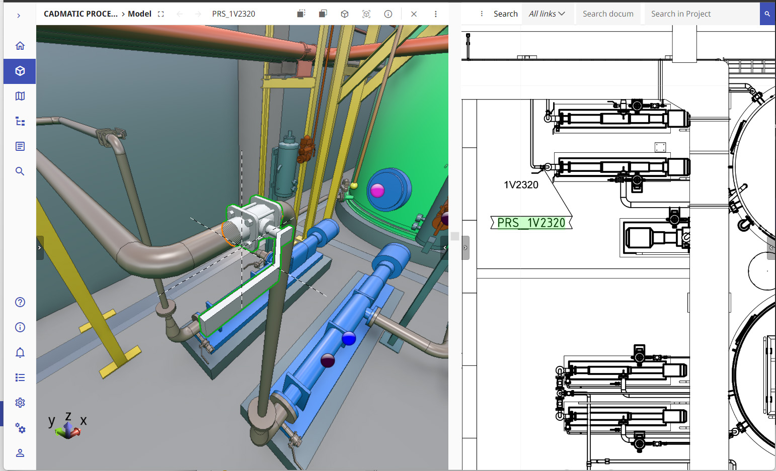 A computer screen displaying 3D piping design.