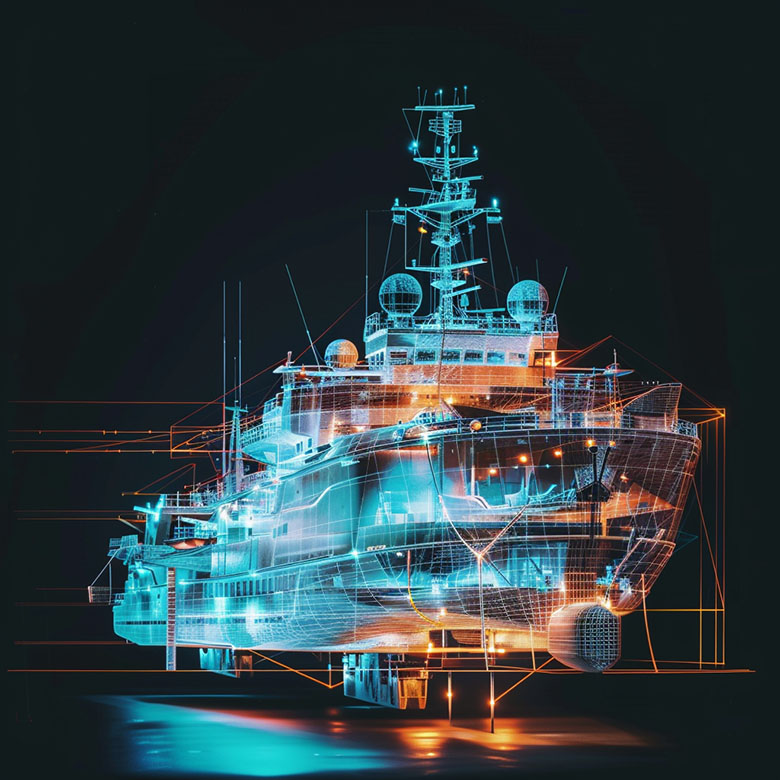 Dark background with a 3D ship.