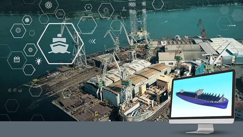 Shipyard with digital elements and a screen on the right