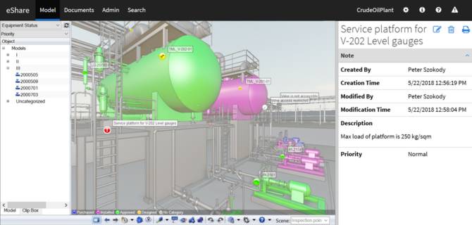 Collect notes from installation teams and use color-coding to visualize the installation status of the model in eShare.
