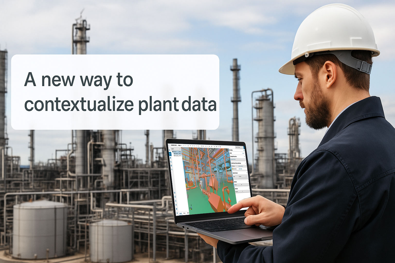 Industrial plant and an engineer with a laptop computer and Cadmatic 3D CAD model