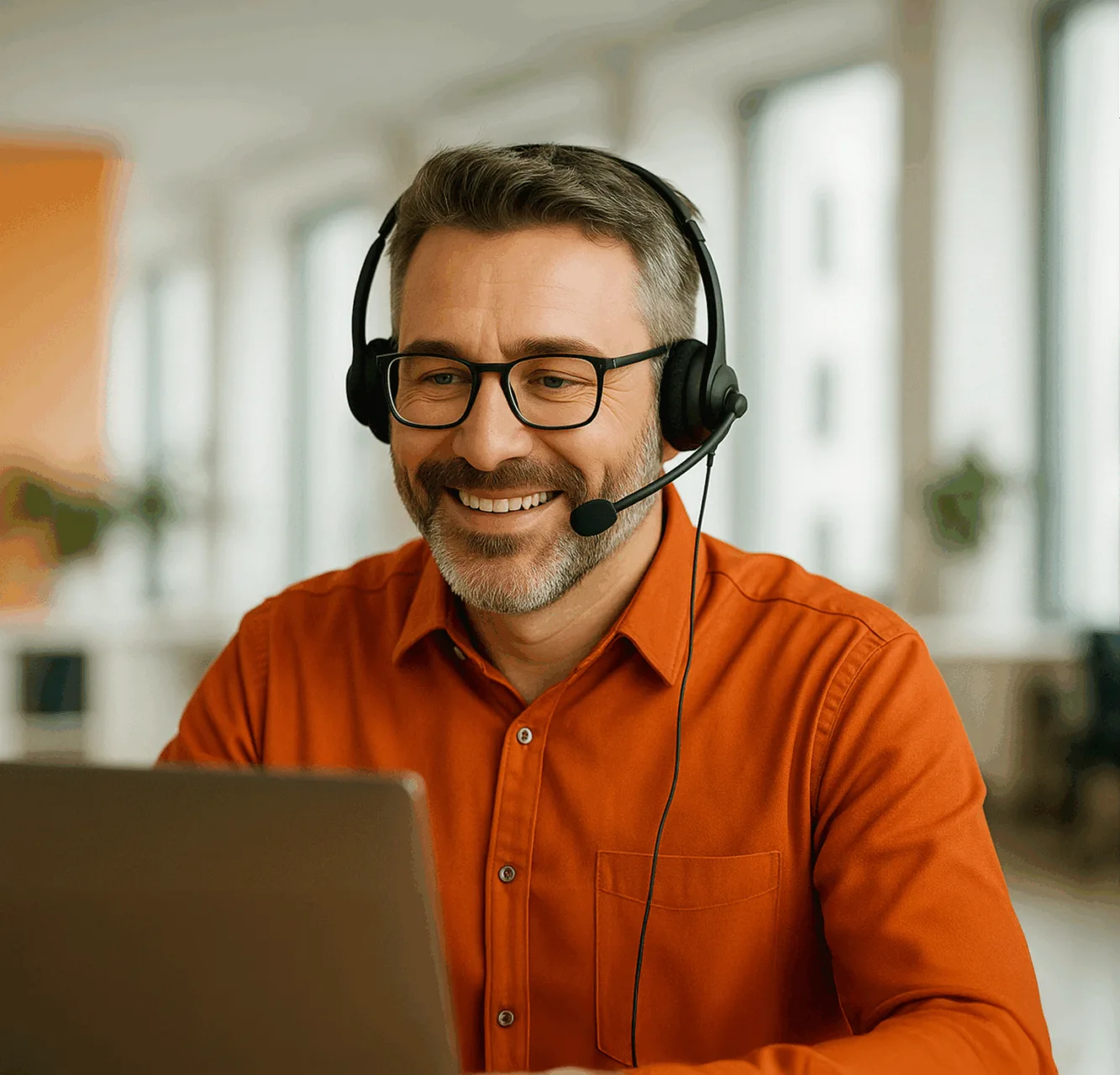 Support engineer sitting at desk and talking over headset.