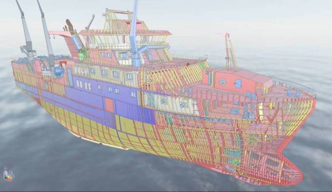 3D model of fishing stern trawler designed by GONDAN.