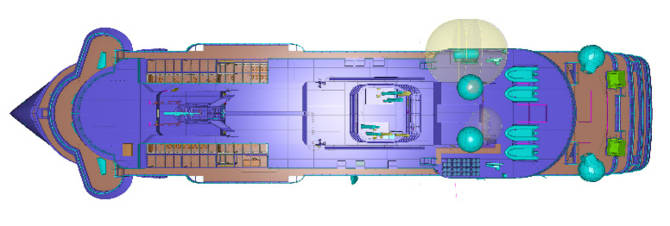 Tutkimusristeilijän suunnittelu, National Geographic Endurancen Cadmatic-mallista ylhäältä päin.