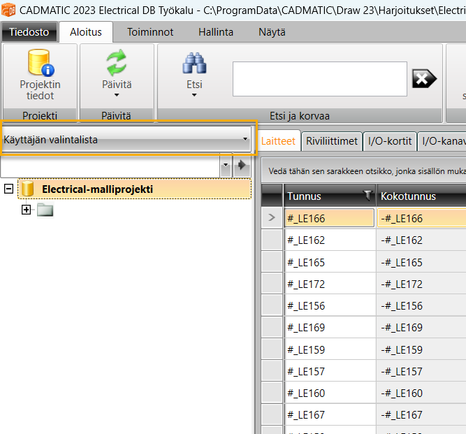 Suodatustoiminnot CADMATIC Electricalin DB-työkalussa.