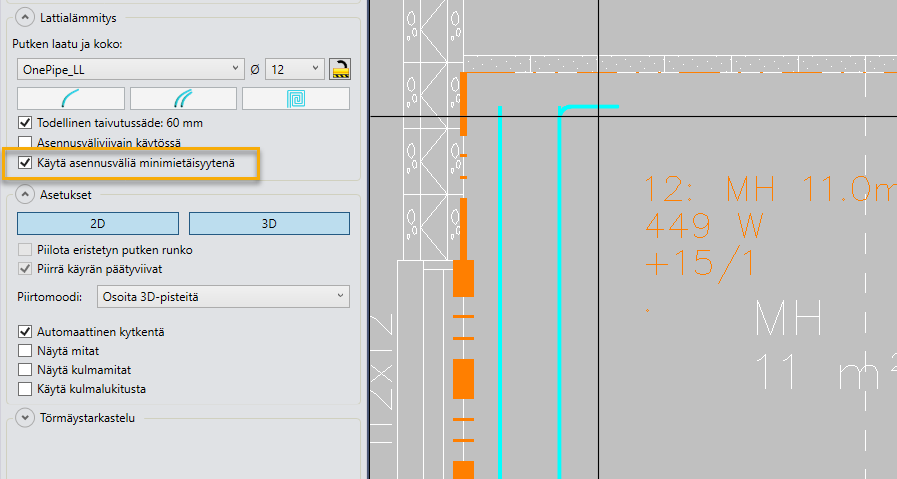 Lattialämmitys-valinnat CADMATIC HVACissa.