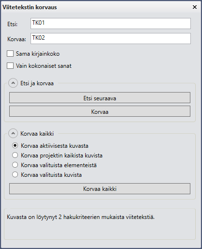 Viitetekstien Etsi ja korvaa -toiminto CADMATIC HVACissa.