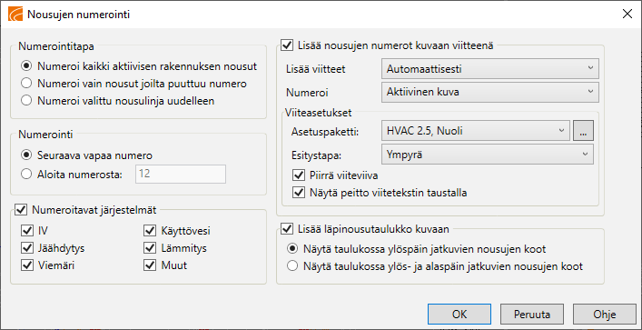 Nousujen numerointi CADMATIC HVAC -ohjelmistossa.