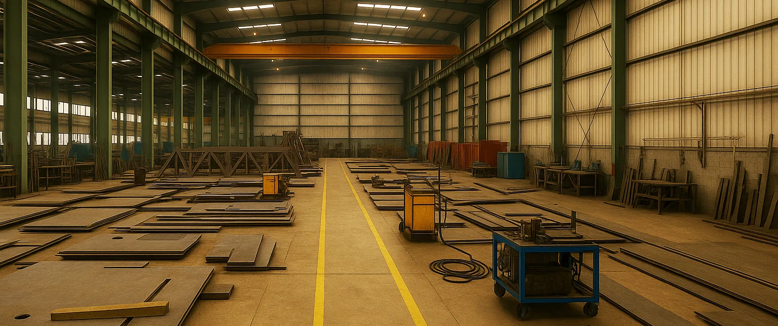 Shipyard workshop with steel plates and structures prepared for construction – representing smarter hull design with modern tools and methods.