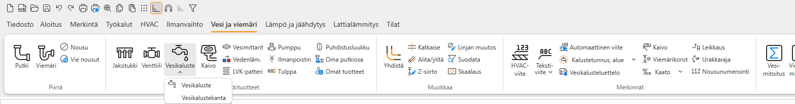 Valintanauhaan perustuva käyttöliittymä (ribbon) CADMATIC HVACissa.