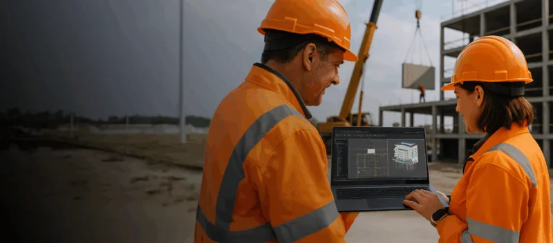 kaksi insinööriä rakennustyömaalla tarkistamassa rakennuksen 3D-mallia