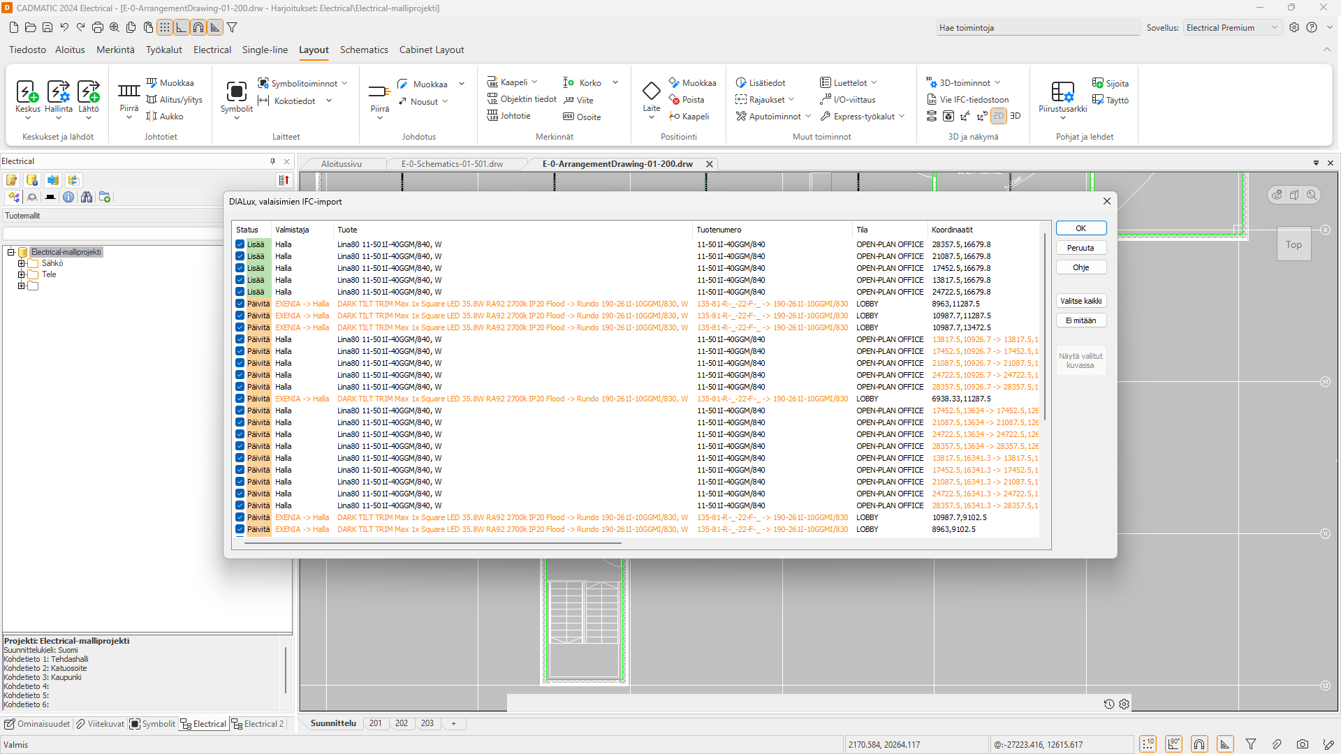 DIALux-tietojen tuonti CADMATIC Electricaliin.