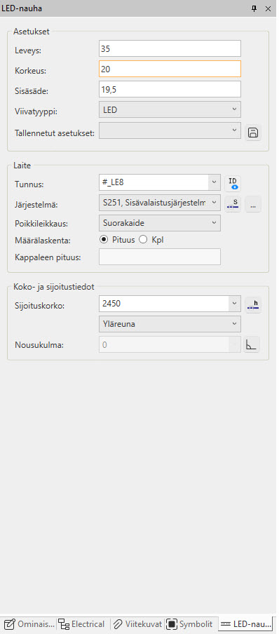 LED-nauhan asetukset CADMATIC Electricalissa.