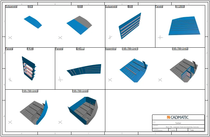 An automatically generated PDF overview from CADMATIC Hull displaying panel and assembly steps that support the hull design to production workflow with clear visual references.