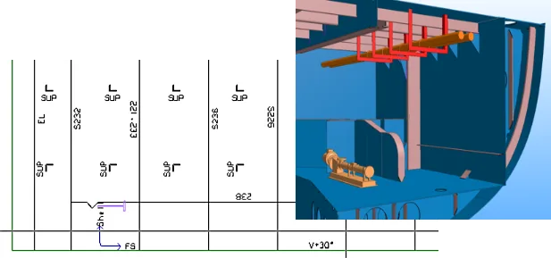 A combined drawing and 3D model showing outfitting supports and automated hull markings, demonstrating how CADMATIC Hull streamlines hull design to production by aligning outfitting and structural data.