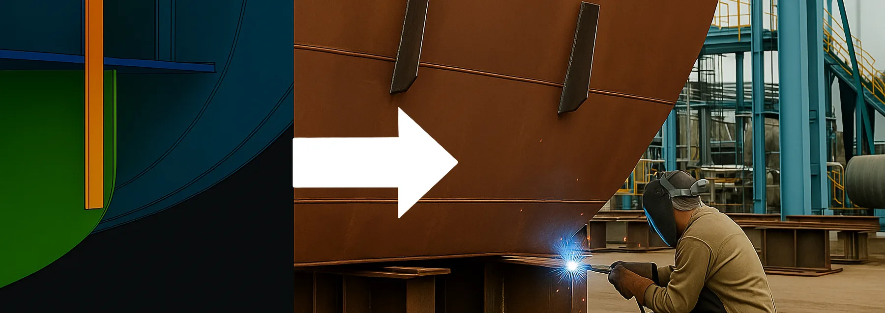 A side-by-side image showing the hull design to production process, with a 3D CAD model of a ship hull on the left and a real ship block being welded in a shipyard on the right. The transition is illustrated by a large white arrow connecting the digital design and physical construction.