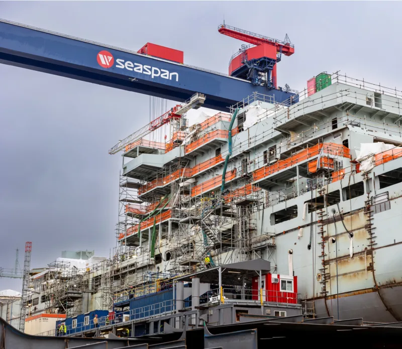Ship under construction at Seaspan, supported by automated assembly planning and digital sequencing tools