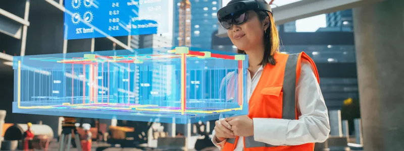 Insinööri tarkastelee VR-laseilla 3D-mallia rakennustyömaalla.