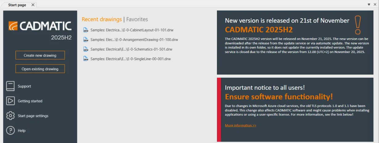 New start page for CADMATIC Draw in 2025H2