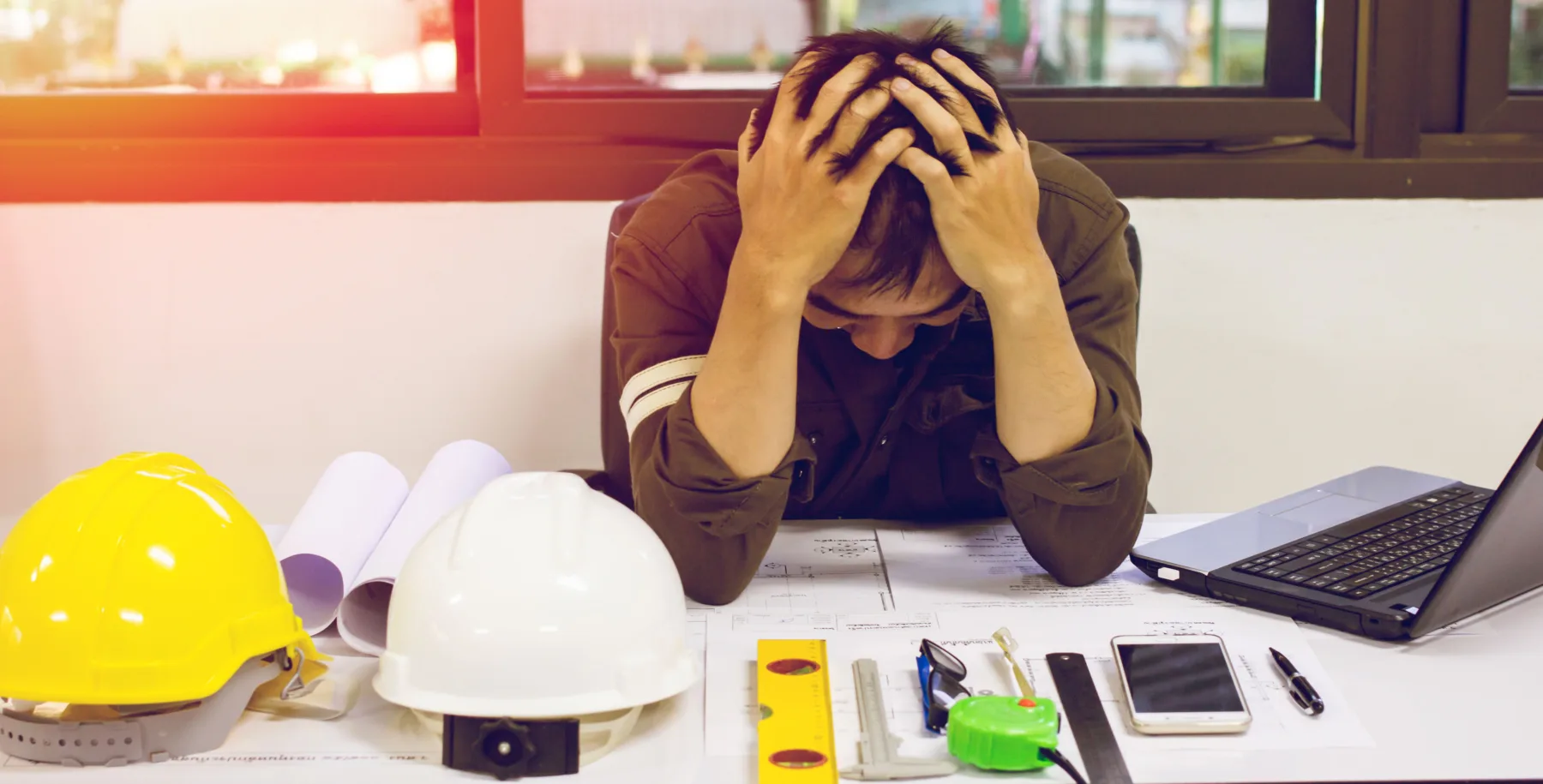 Maintenance engineer sitting at a desk with head in hands, surrounded by helmets, blueprints, and a laptop – symbolizing frustration caused by disorganized documentation and wasted time.