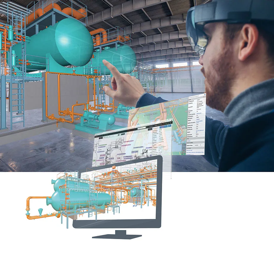 An engineer wearing 3D glasses is working with a model in augmented reality.