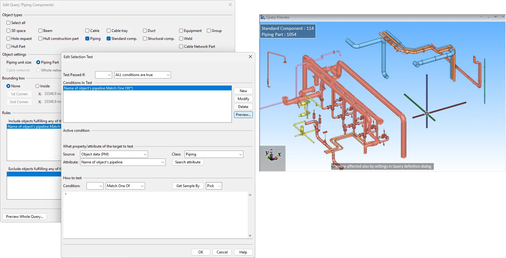 In Cadmatic 2025H2 it is esier to create model queries. The preview function can now display objets by the entire query or by the individual selection. 