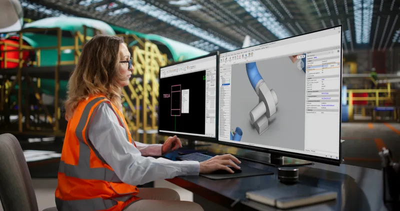 Female engineer designing equipment in Cadmatic 3D Plant Design, Outfitting CAD software.