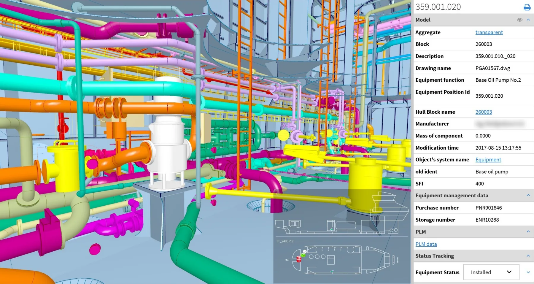 Screenshot of Cadmatic eShare showing a colored 3D model of engine room piping. A properties panel lists a selected pump’s hull block, SFI code, manufacturer, purchase number and equipment status, set to Installed.